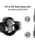 13T and 16T aerospace-grade steel gears set close-up view, 3mm Planet Axles With Brass Steering Knuckles For 1/30 Scale Axial SCX30 RC Crawler Upgrade Kit