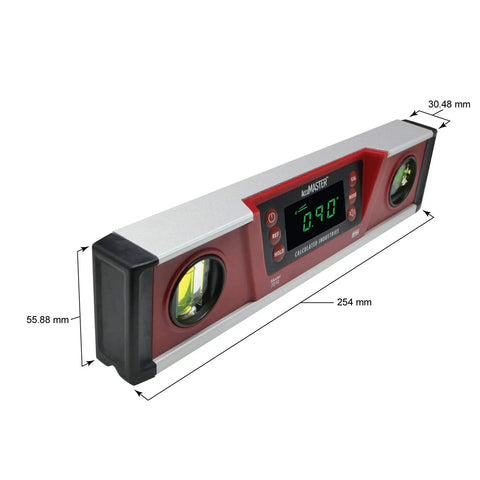 Digital Torpedo Level With Protractor 10 Inch Neodymium Magnets Bright Green LED Display With 0.475 Inch Digits IP54 Dust And Water Resistant Red Built For The Jobsite Rugged I Beam Aluminum Frame With Auto Inverting Screen