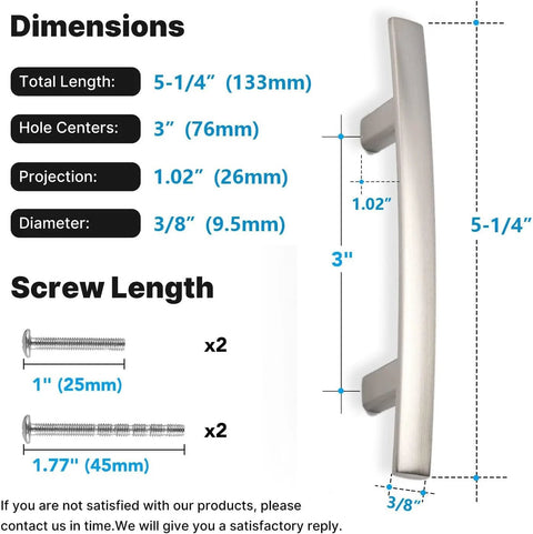 Side view of 20 Pack Solid Zinc Alloy Cabinet Handles in Brushed Nickel, 3 inch center to center, showing dimensions and screws