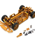 Beefed-Up Aluminum 1/28 Scale RC Car Chassis Frame Upgrade For Multi Wheelbase Use, Super Stable Handling, shown with parts