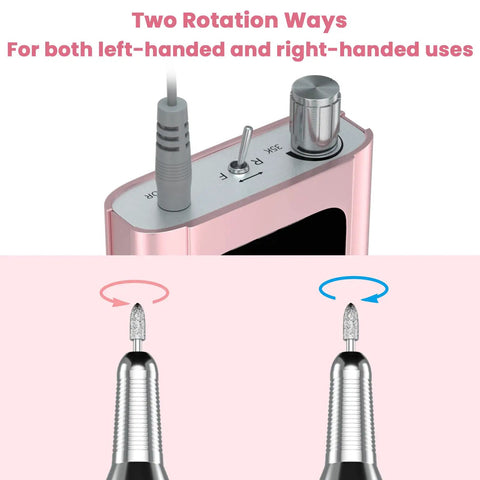 Professional Electric Nail Drill And High Torque E File With 35000 Rpm Speed For Fast Shaping Quiet Rechargeable Manicure Tool showing two rotation options for left and right-handed use.