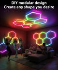 Lit RGB Hexagon Garage Light Kit With 5 Panels, 25 Pack Color Changing LED Lights in honeycomb layout on living room wall