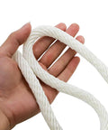 Hand holding Heavy Duty Nylon Rope Seven Eighths Inch By One Hundred Feet White Rope For Anchoring, Tree Work, Cargo Hauling