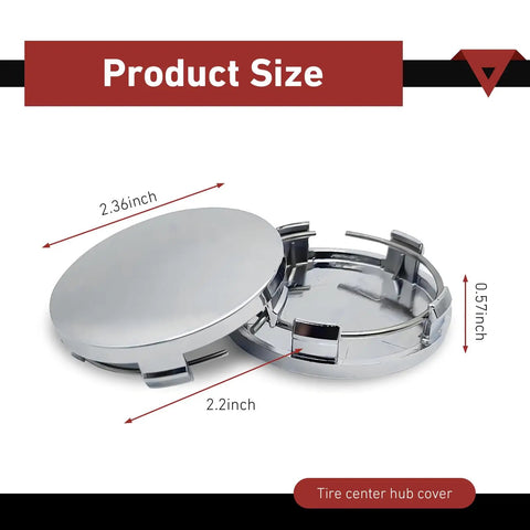 Slick Silver Wheel Center Caps Snap In Hub Covers For Cars And Suv with a 2.2 inch inner bore, smooth metallic trim.