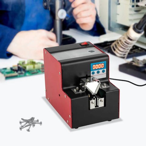 Straight Shooter Automatic Screw Feeder Machine Featuring Bright LCD Screen, desktop view with M2 to M4 screws.