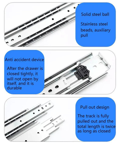 Close-up of Zero Fuss Full Extension Drawer Slides 12 Inch Ball Bearing Guide Tracks showing solid steel ball and pull-out design.
