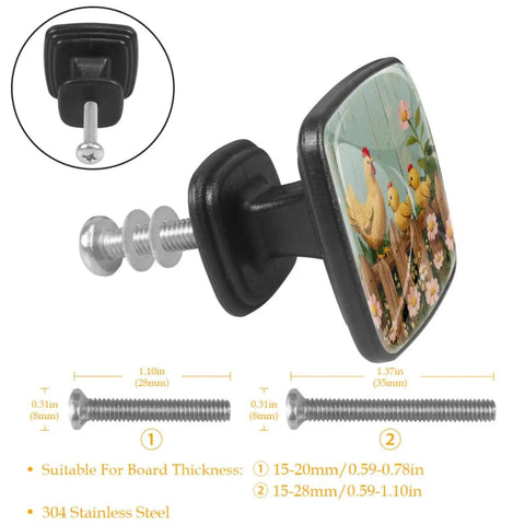 Four Pack Square Drawer Knobs With Spring Flower Chickens Fence Design In Black For Cabinets Cupboards Closets And Bathrooms Easy One Hole Mount Built To Last Durable Metal Hardware For Kitchen And Home Decor, showing side view with screws