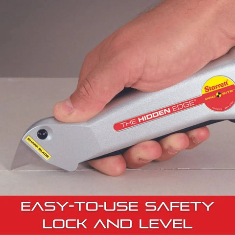 Hand holding Hidden Edge Utility Knife with Easy Safety Lock and Level, highlighting retractable blade and aluminum case in silver.