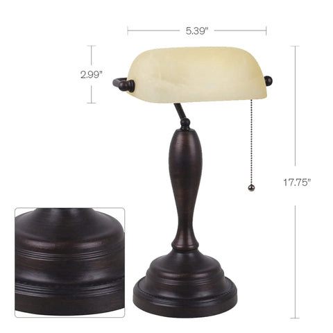 Antique Banker Desk Lamp in Oil Rubbed Bronze with Pull Chain Corded Lighting for Home Office Dorm or Apartment, detail view
