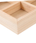 Close up of Six Compartment Wood Jewelry Tray With Multi Grid Layout For Rings And Bracelets Rustic Countertop Trinket Dish.