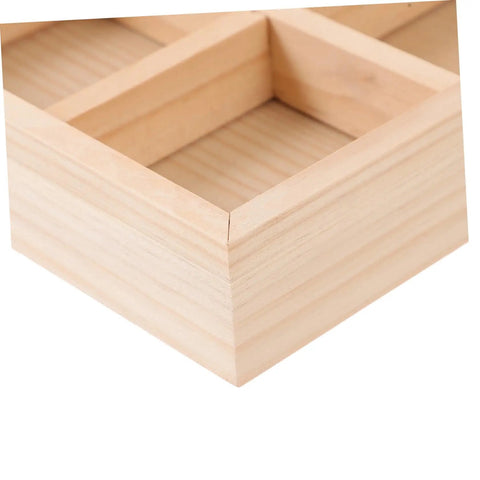 Close up of Six Compartment Wood Jewelry Tray With Multi Grid Layout For Rings And Bracelets Rustic Countertop Trinket Dish.
