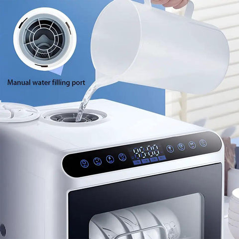 Compact Countertop Dishwasher With No Fuss Setup And Full Auto Dry showing manual water filling port and digital display.