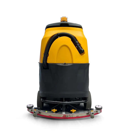 Rear view of the Beast Ride On Floor Scrubber For Large Spaces With A 45 Inch Cleaning Path Delivers About 70 000 Sq Ft Per Hour Dual Disc Brush 53 Gallon Water Tank Heavy Duty Floor Cleaning Machine For Warehouses Malls And Industrial Use.