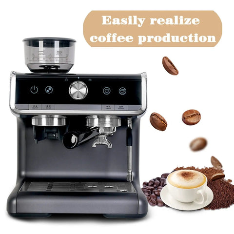 Portable Fully Automatic Espresso Machine With Built In Grinder And Steam Milk Frother For Rich Crema One Or Two Shots Dark Gray Coffee Maker For Home And Travel Easy To Use And Clean shown in front view with coffee beans and cup