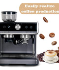 Front view of All In One Coffee Maker With Built In Grinder Espresso Machine Portable Fully Automatic Brew System With Integrated Steam Milk Frother And Permanent Reusable Filter For Fresh Coffee Every Morning, showcasing grinder and steam wand.