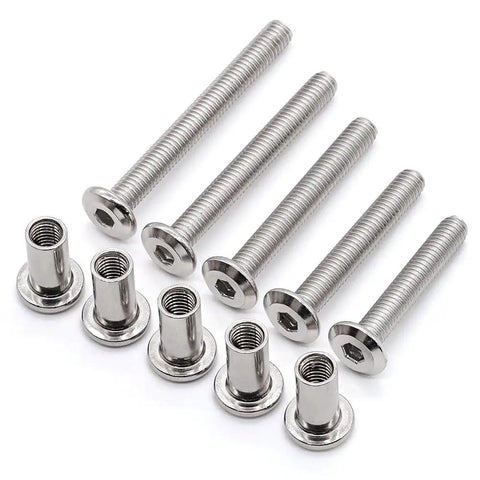1/4 20 X 3/4 Inch Tough As Nails Furniture Connector Bolts And Barrel Nuts Kit showing stainless steel screws and nuts.
