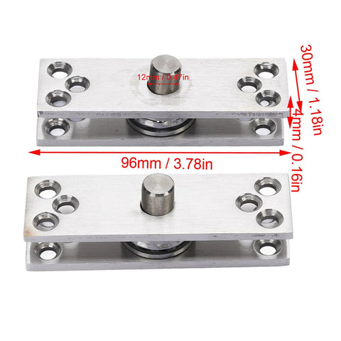 Built Tough Heavy Duty 360 Degree Stainless Steel Hidden Door Pivot Hinge For Bookshelves And Cabinets Concealed Invisible Pivot Hardware For Seamless Durable Wood Furniture With Smooth Open And Close Action, showing two stainless steel hinges with measurements.