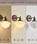 Wall Sconce Lighting Oil Rubbed Bronze Milk Glass Hardwired Wall Sconces displayed in on/off state with varying glass shades.