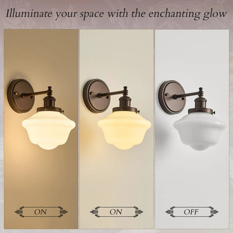 Wall Sconce Lighting Oil Rubbed Bronze Milk Glass Hardwired Wall Sconces displayed in on/off state with varying glass shades.