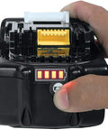 Top Tier Heavy Hitter 36V Brushless Leaf Blower Kit With Dual 18V Batteries showing battery status indicator and connection points.