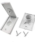 Front view of white plastic central vacuum inlet valve cover, 2-pack with screws