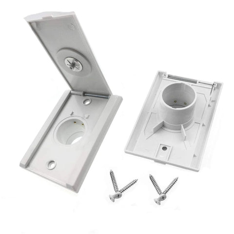 Front view of white plastic central vacuum inlet valve cover, 2-pack with screws