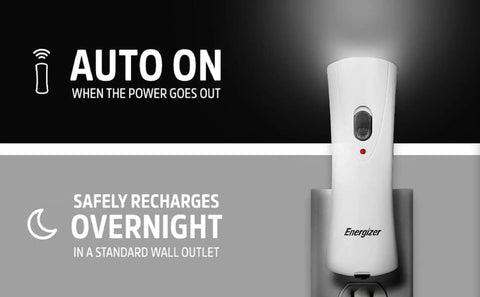 Six Pack Auto On Rechargeable LED Flashlights for Power Outages, Plugged into wall, illustrating auto-on feature and recharging.