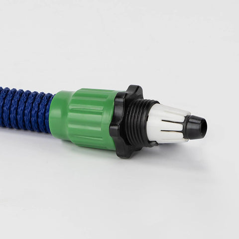 Fix Your Expandable Garden Hose Instantly With This Awesome 4-Pack Repair Kit Designed For 50, 75, Or 100 Feet Twisted Fabric Tubes To Stop Leaks Fast And Get The Yard Wet Again In No Time. Green plastic hose repair connector on blue braided expandable hose