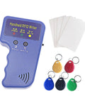 Handheld 125KHz RFID Copier And Card Duplicator For T5577 EM4305 Includes 5 T5577 Keychains And 5 Cards, blue device and accessories