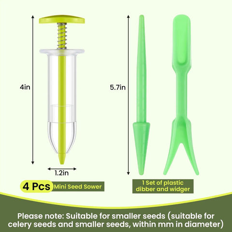 Six Piece Mini Seed Dispenser Kit With Two Transplanting Tools And Seed Planter For Easy Garden Sowing Spreader Handy For Carrot Lettuce Grass Spinach And More In Fluorescent Yellow featuring plastic seed sower, dibber, and widger.