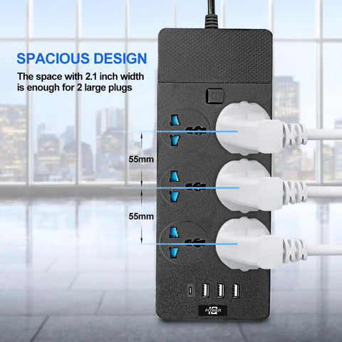 Universal Power Strip With 6 Outlets 3 USB Ports Plus 1 Type C Port Six Point Five Foot Extension Cord 3000 Watt Surge Protector
