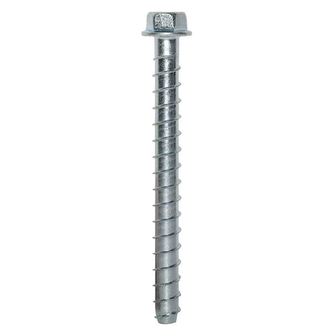 Close-up of Beefy One Half Inch By Five Inch Titen HD Screw Anchor For Concrete And Masonry With Hex Washer Head Zinc Plated
