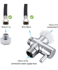Brass 3 Way Bidet T Adapter With Shut Off Valve For Handheld Toilet, Chrome Plated T Valve, Durable Brass Fitting, Fits 7/8 In By 7/8 In By 1/2 In Or 3/8 In Tubing, No Fuss Install, Leak Resistant. Chrome bidet T adapter showing 7/8 in and 1/2 in hose connections