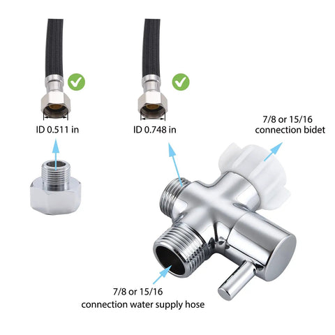Brass 3 Way Bidet T Adapter With Shut Off Valve For Handheld Toilet, Chrome Plated T Valve, Durable Brass Fitting, Fits 7/8 In By 7/8 In By 1/2 In Or 3/8 In Tubing, No Fuss Install, Leak Resistant. Chrome bidet T adapter showing 7/8 in and 1/2 in hose connections