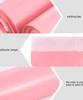 Pink Waterproof Self Sealing Mailing Bags Made From Sturdy PE Plastic Reusable Envelopes For Packing And Shipping Your Go To Bags For T Shirts Jeans Snacks And More 200 Pack displayed in rolls and flat, showcasing self-adhesive design.