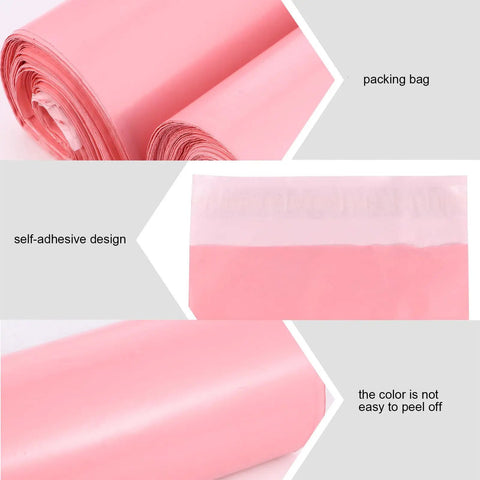 Pink Waterproof Self Sealing Mailing Bags Made From Sturdy PE Plastic Reusable Envelopes For Packing And Shipping Your Go To Bags For T Shirts Jeans Snacks And More 200 Pack displayed in rolls and flat, showcasing self-adhesive design.