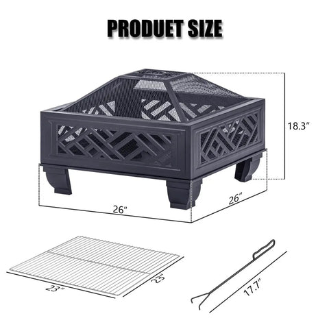 26 Inch Wood Burning Fire Pit With Cooking Grill And Spark Screen dimensions and accessories