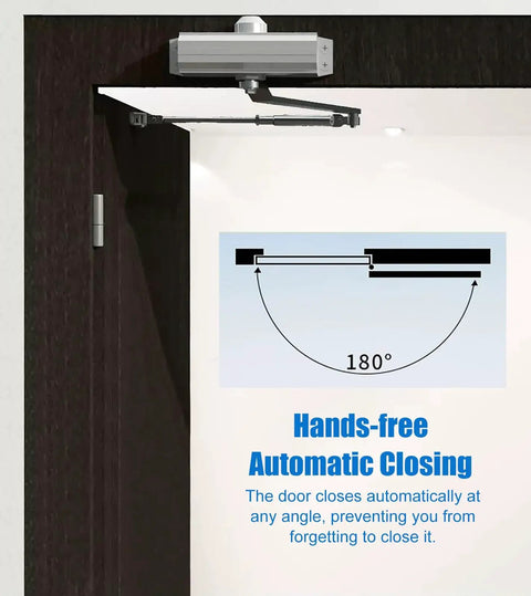 Heavy Duty Automatic Hydraulic Door Closer For Interior Doors Self Closing Black Aluminum Gate Spring Damper displayed on door