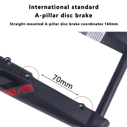 Image of mountain bike front fork with pneumatic shock absorbing magnesium alloy build, showing A-pillar disc brake setup.
