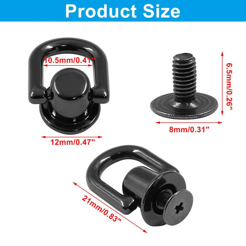 Straight Up Solid 12 Pack Bright Black D Rings For Purses With Mounting Screws Premium Metal Alloy dimensions and details.