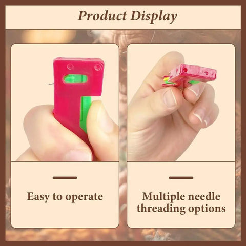 Automatic Needle Threader Set of Three No Fuss Quick Threading Aid, hand holding red plastic threader, product display