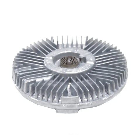 Robust Heavy Duty Engine Fan Clutch Replacement Built Tough For All Season Heat shows silver aluminum fan clutch with cooling fins.