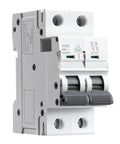 Pro Grade 2 Pole MCB DIN Rail Circuit Breaker With Heavy Duty 40 Amp C Curve Trip in a side view for electrical panel protection.