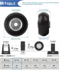 Top Shelf Smooth Roll Replacement Wheels For Suitcases And Travel Cases featuring size table with wheel dimensions and specifications.