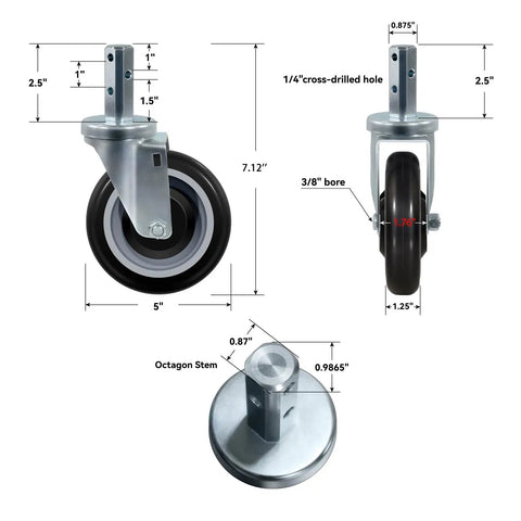 Heavy Duty 5 Inch Swivel Caster Wheels Set Of 4 Built Like A Tank For Heavy Loads with detailed dimensions and design views.