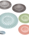 Five Pack Heavy Duty Silicone Hair Catcher Drain Stopper For Shower Tub Kitchen Sink Reusable Strainer Sieve Insert with various colors.