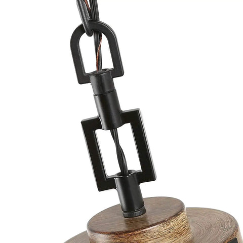 Close-up of metal chain and faux wood top of Farmhouse Pendant Lighting For Kitchen Island With Faux Wood Metal Frame And Bubbled Glass Shade For A Cozy Rustic Vibe Ceiling Fixture In Dining Room And Hallway