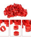 Sturdy As Heck Plastic Clip On Poultry Leg Bands 100 Pack For Birds Identification, shown in bright red with numbers for identification.