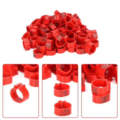 Sturdy As Heck Plastic Clip On Poultry Leg Bands 100 Pack For Birds Identification, shown in bright red with numbers for identification.