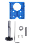 Get Ready For Serious Woodworking With This Ultimate Hinge Hole Saw Jig Set, featuring a blue plastic jig and metal drill bits.